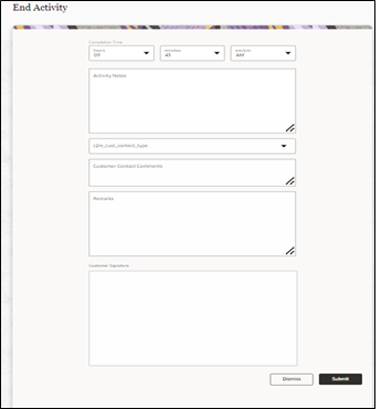 End Activity page. The submit button is located on the bottom right corner. End Activity page. The submit button is located on the bottom right corner.