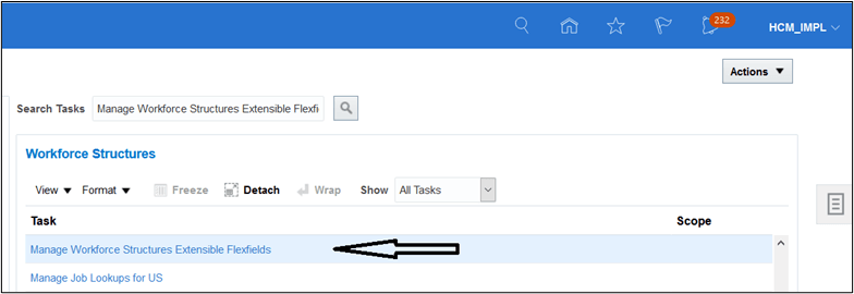 Search Tasks page where Manage Workforce Structures Extensible Flexfields result is being pointed to. Search Tasks page where Manage Workforce Structures Extensible Flexfields result is being pointed to.