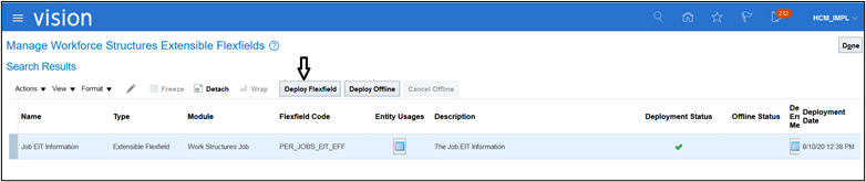 Manage Workforce Structures Extensible Flexfields page. The Deploy Flexfield button is the eight element from left to right on the row immediatly under the Search Results heading. Manage Workforce Structures Extensible Flexfields page. The Deploy Flexfield button is the eight element from left to right on the row immediatly under the Search Results heading.