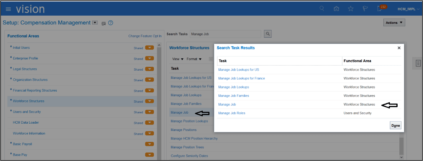 Search Task Results window that pops up after selecting Manage Jobs. This window displays the different job tasks and their functional areas. Search Task Results window that pops up after selecting Manage Jobs. This window displays the different job tasks and their functional areas.
