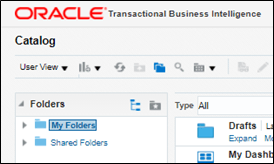 Detail of the Transactional Business Intelligence catalog showing the Folders navigation pane to the left. My Folders folder is being selected. Detail of the Transactional Business Intelligence catalog showing the Folders navigation pane to the left. My Folders folder is being selected.