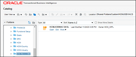 Detail of the Transactional Business Intelligence catalog showing the Folders navigation pane to the left. The HCM_JOBWACS folder is being selected. Detail of the Transactional Business Intelligence catalog showing the Folders navigation pane to the left. The HCM_JOBWACS folder is being selected.