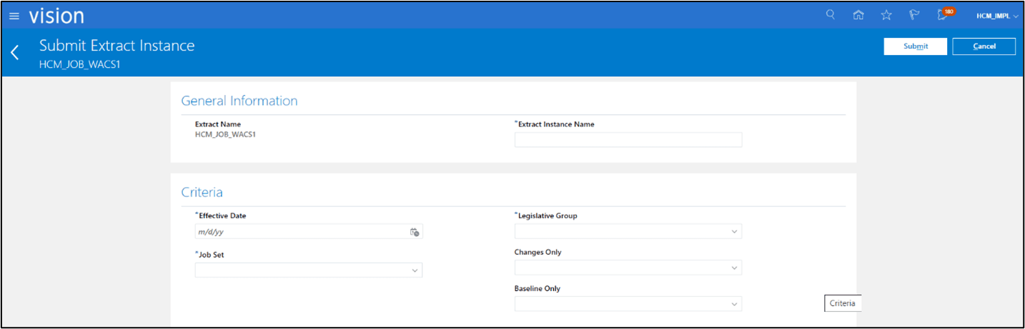 Submit Extract Instance page showing the General Information and the Criteria sections. The Job Set and the Legislative Group mandatory fields are under the Criteria section. Submit Extract Instance page showing the General Information and the Criteria sections. The Job Set and the Legislative Group mandatory fields are under the Criteria section.