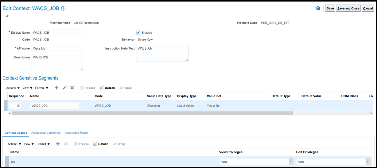 Edit Context page showing the Context Sensitive Segments section and the Context Usage tab. Edit Context page showing the Context Sensitive Segments section and the Context Usage tab.