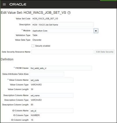 Edit Value Set page and its Definition section, under which several fields are to be populated by the user.