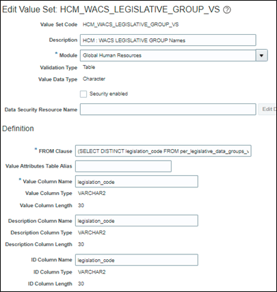 Edit Value Set page and its Definition section, under which several fields are to be populated by the user.