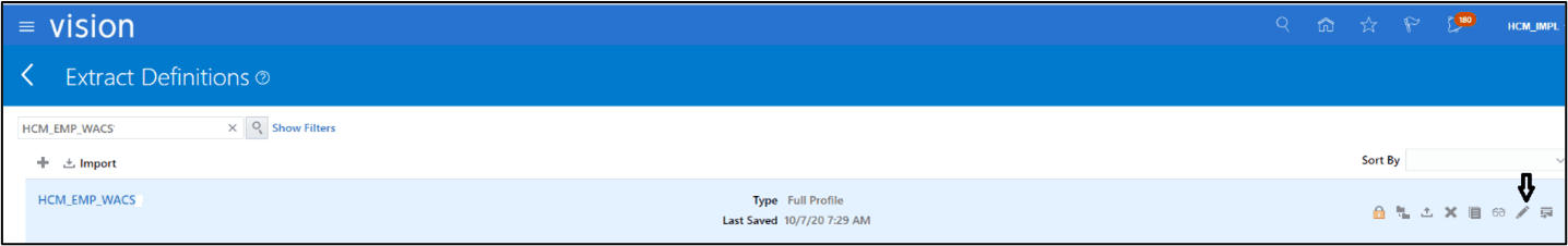 Extract Definitions page showing the name and type of the extract. The pencil icon for editing is the second to the extreme right of the extract row. Extract Definitions page showing the name and type of the extract. The pencil icon for editing is the second to the extreme right of the extract row.