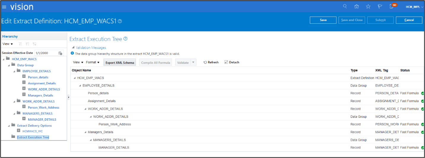 Edit Extract Definition page. To the right, the navigation pane. To the left, the extract’s different objects and their details, namely: type, xml tag, and status. Edit Extract Definition page. To the right, the navigation pane. To the left, the extract’s different objects and their details, namely: type, xml tag, and status.