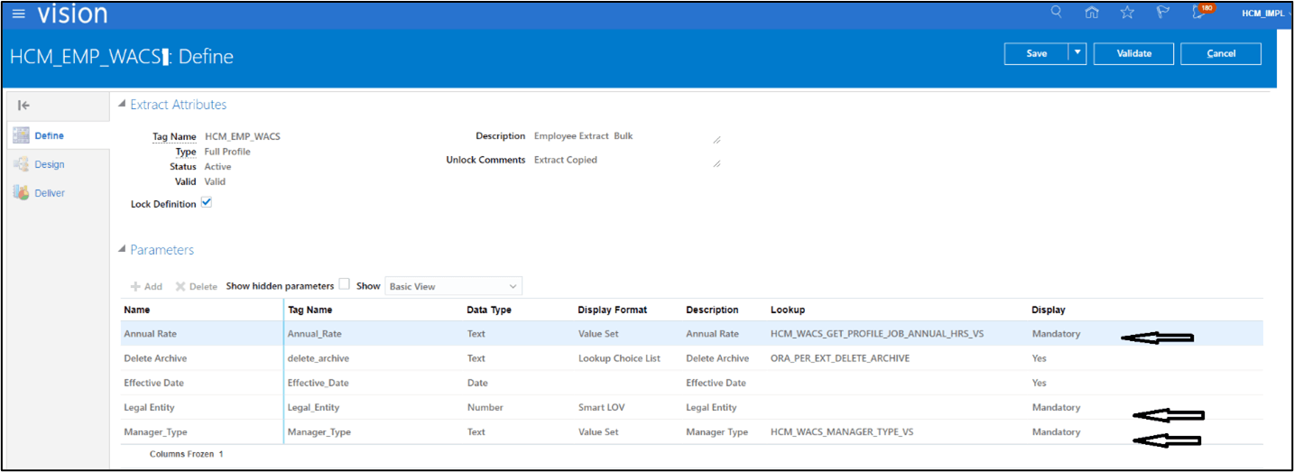 Define page. On the navigation pane to the left the first option, Define, is selected. To the right, the Extract Attributes and the Parameters section are shown. The table with the values and their fields is located under the Parameters section. Define page. On the navigation pane to the left the first option, Define, is selected. To the right, the Extract Attributes and the Parameters section are shown. The table with the values and their fields is located under the Parameters section.