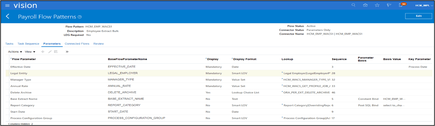 Payroll Flow Patterns page. The Parameters tab, which is third from left to right, is selected. Legal Entity is to be found under the Flow Parameter column. Payroll Flow Patterns page. The Parameters tab, which is third from left to right, is selected. Legal Entity is to be found under the Flow Parameter column.