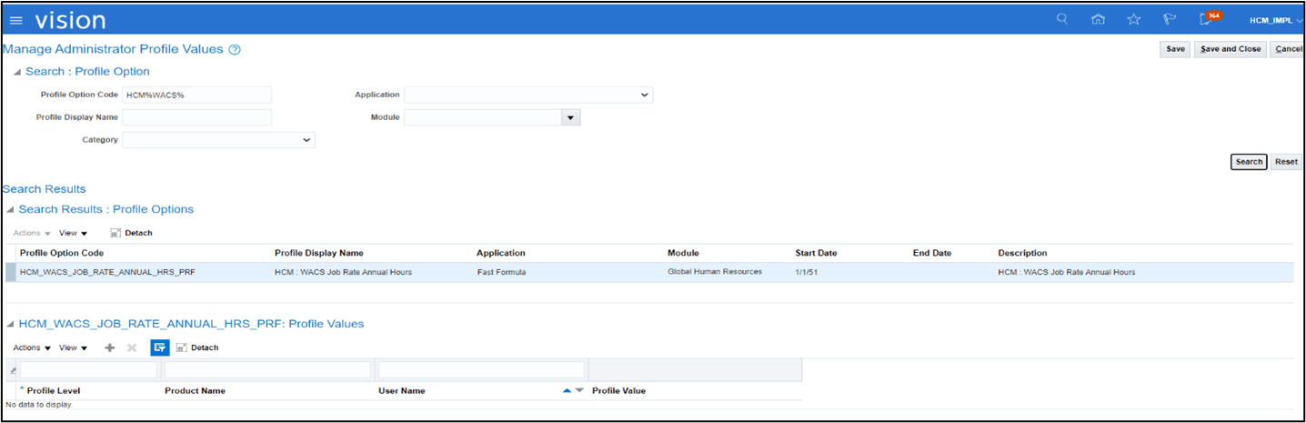 Manage Administrator Profile Values showing the Search Results: Profile Options section and the Profile Values section. Manage Administrator Profile Values showing the Search Results: Profile Options section and the Profile Values section.
