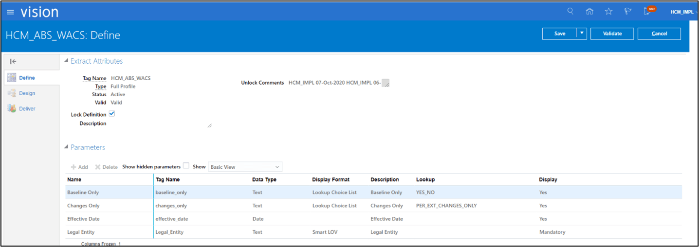 Define page. On the navigation pane to the left the first option, Define, is selected. To the right, the Extract Attributes and the Parameters section are shown. The table with the values and their fields is located under the Parameters section. Define page. On the navigation pane to the left the first option, Define, is selected. To the right, the Extract Attributes and the Parameters section are shown. The table with the values and their fields is located under the Parameters section.