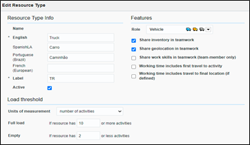 Add Resource Type window where the user is to provide information about the resource.The sections shown on this screenshot are: Resource Type Info, Features, Load and Threshold. Add Resource Type window where the user is to provide information about the resource.The sections shown on this screenshot are: Resource Type Info, Features, Load and Threshold.