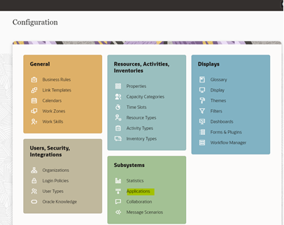 Configuration page with emphasis on the Applications option, which is the second one from top to bottom within the Subsystems section. Configuration page with emphasis on the Applications option, which is the second one from top to bottom within the Subsystems section.