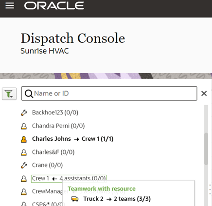 Dispatch Console. The navigation pane is located on the left side and shows the contractors, projects, and utilities. Resouces are displayed on the right side, next to the pane. Dispatch Console. The navigation pane is located on the left side and shows the contractors, projects, and utilities. Resouces are displayed on the right side, next to the pane.