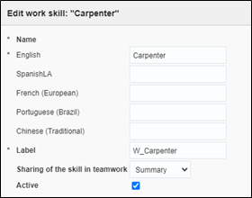 This is an example of the Edit window for a work skill called Carpenter. The user must provide a name, a label, a mode for sharing, and select the Active checkbox. This is an example of the Edit window for a work skill called Carpenter. The user must provide a name, a label, a mode for sharing, and select the Active checkbox.