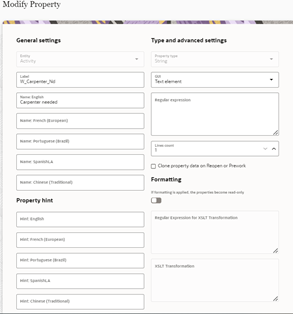 Modify Property section where the user is to provide the new name and label to modify the work skill property. Modify Property section where the user is to provide the new name and label to modify the work skill property.