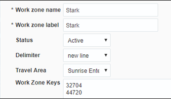 Add new window where the user is to add the work zone name and label, set an status, a delimiter, a travel area, and finally add the postal codes on the Work Zone Keys text field. Add new window where the user is to add the work zone name and label, set an status, a delimiter, a travel area, and finally add the postal codes on the Work Zone Keys text field.