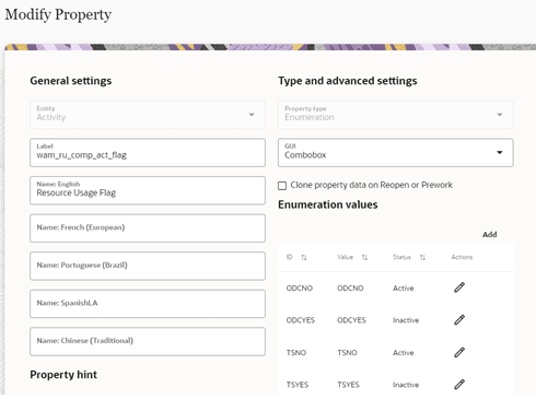 Modify Property window showing the Combobox and the Active checkboxes selected. The Update button is located on the bottom right corner.