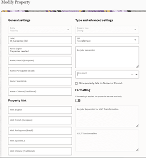 Modify Property section where the user is to provide the new name and label to modify the work skill property. Modify Property section where the user is to provide the new name and label to modify the work skill property.
