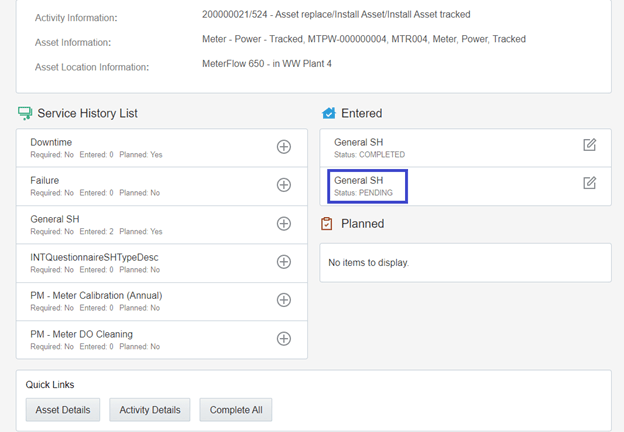 Entered pane showing both the completed and the pending service histories.