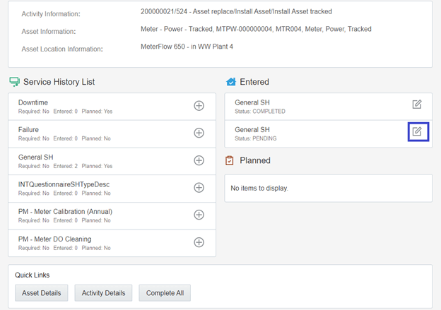 Entered pane on the Service History page. The button to edit is located on the right side of each item row within the Entered pane.