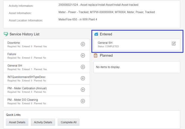 Service History page showing the Entered section on the right column of the user interface.