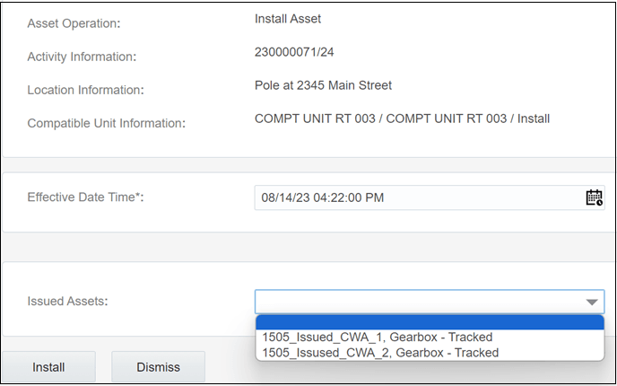 Shows selecting an asset from list of issued assets.