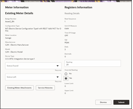 Meter Details page. Override Reading option is set to Yes. Meter Details page. Override Reading option is set to Yes.