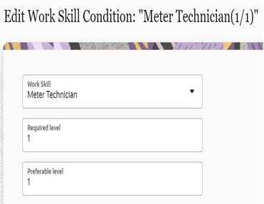 Edit work skill window. Here Meter Services option is selected, and set to 1. Edit work skill window. Here Meter Services option is selected, and set to 1.