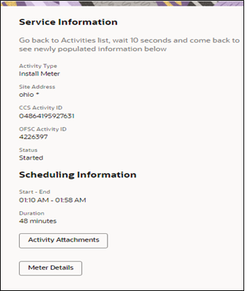 Here the Service Information and Scheduling Information sections are shown. The Activity Attachments button is located on the bottom left corner. Here the Service Information and Scheduling Information sections are shown. The Activity Attachments button is located on the bottom left corner.