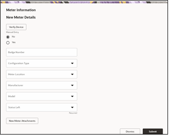 Meter information page with several text fields. The Submit button is located on the bottom right corner. Meter information page with several text fields. The Submit button is located on the bottom right corner.