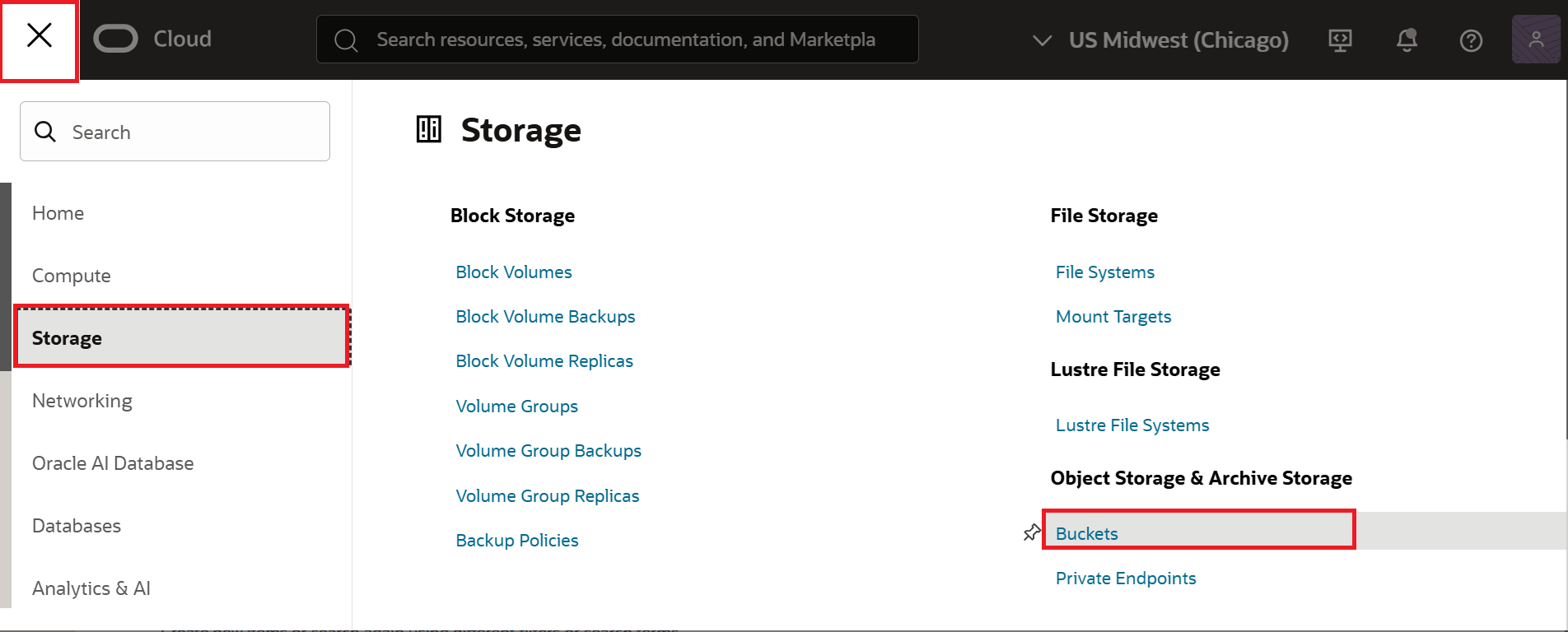 Select Buckets from the Storage list.
