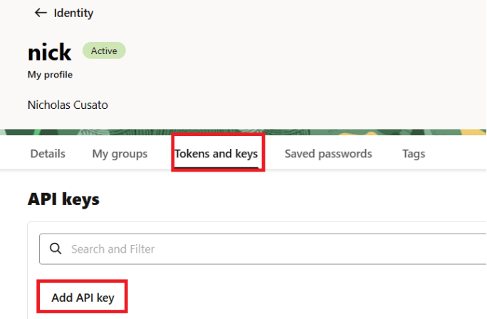 On the Tokens and keys tab, add the API key.