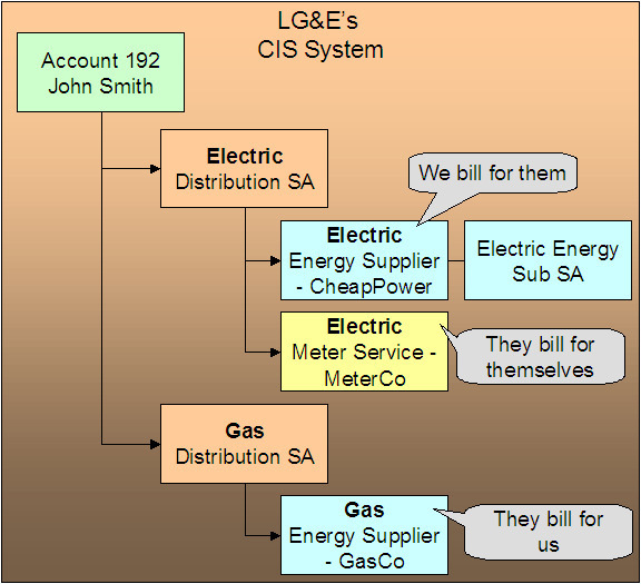 The system determines billing relationships at the service agreement level. In this example, the distribution company (LG&E) distributes both electricity and gas. The customer purchases electricity from CheapPower and gas from GasCo. LG&E provides billing services for CheapPower and GasCo provides billing service for LG&E.
