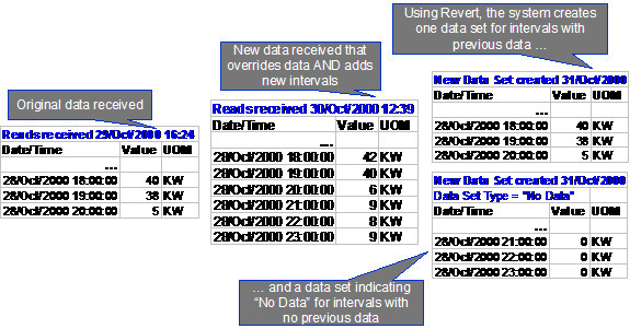 Revert buttons on the appropriate interval data pages facilitate the reversal of the effects of a data set. When reverting, the application creates a new data set and populates the intervals with the most recent values for those intervals, ignoring the values in the data set being reverted. The "No Data" data set is created for any of the interval without other values.