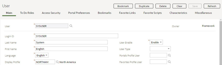 Página do usuário mostrando vários botões no canto superior direito, acima das várias guias. Aqui, a guia Principal é selecionada e seu conteúdo é mostrado.