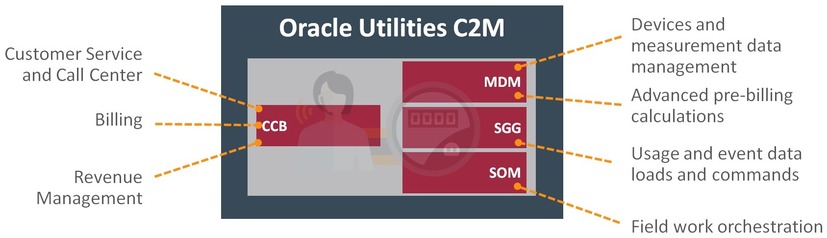 As funções de cada área de aplicativo no Oracle Utilities Customer to Meter são atendimento ao cliente e call center, faturamento, gerenciamento de receita, gerenciamento de dispositivos e dados de medição, cálculos avançados de pré-faturamento, carregamentos e comandos de dados de uso e evento e orquestração de trabalho em campo.
