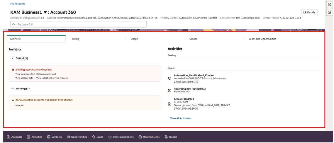 This image shows the Redwood Sales Account Detail screen with the Account 360 sub-view. This image shows the Redwood Sales Account Detail screen with the Account 360 sub-view.