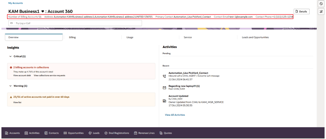 This image shows the Account Details page with the utility fields in the header. This image shows the Account Details page with the utility fields in the header.