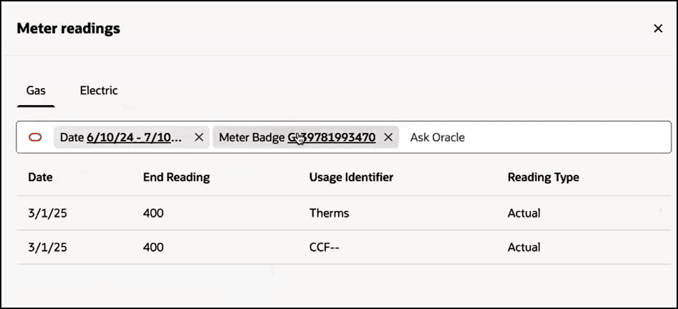This image shows an example of the Meter Readings drawer.