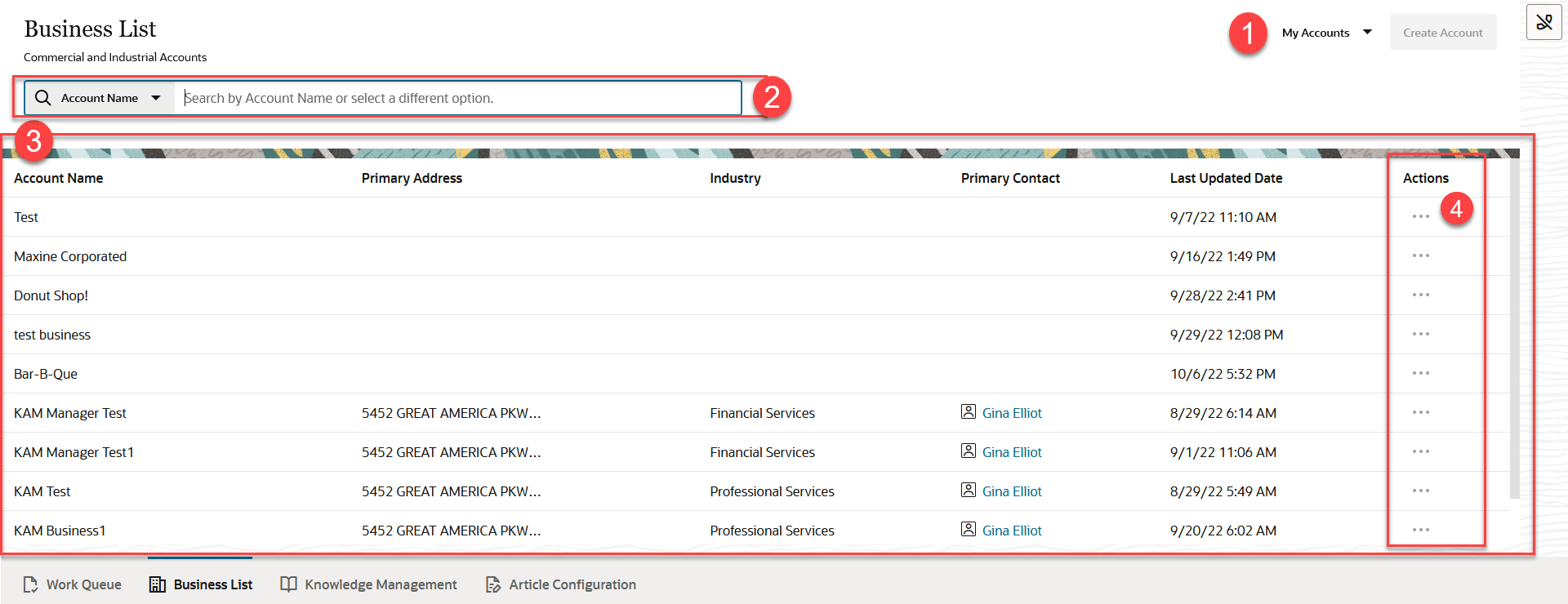 This image shows an example of the Business List This image shows an example of the Business List