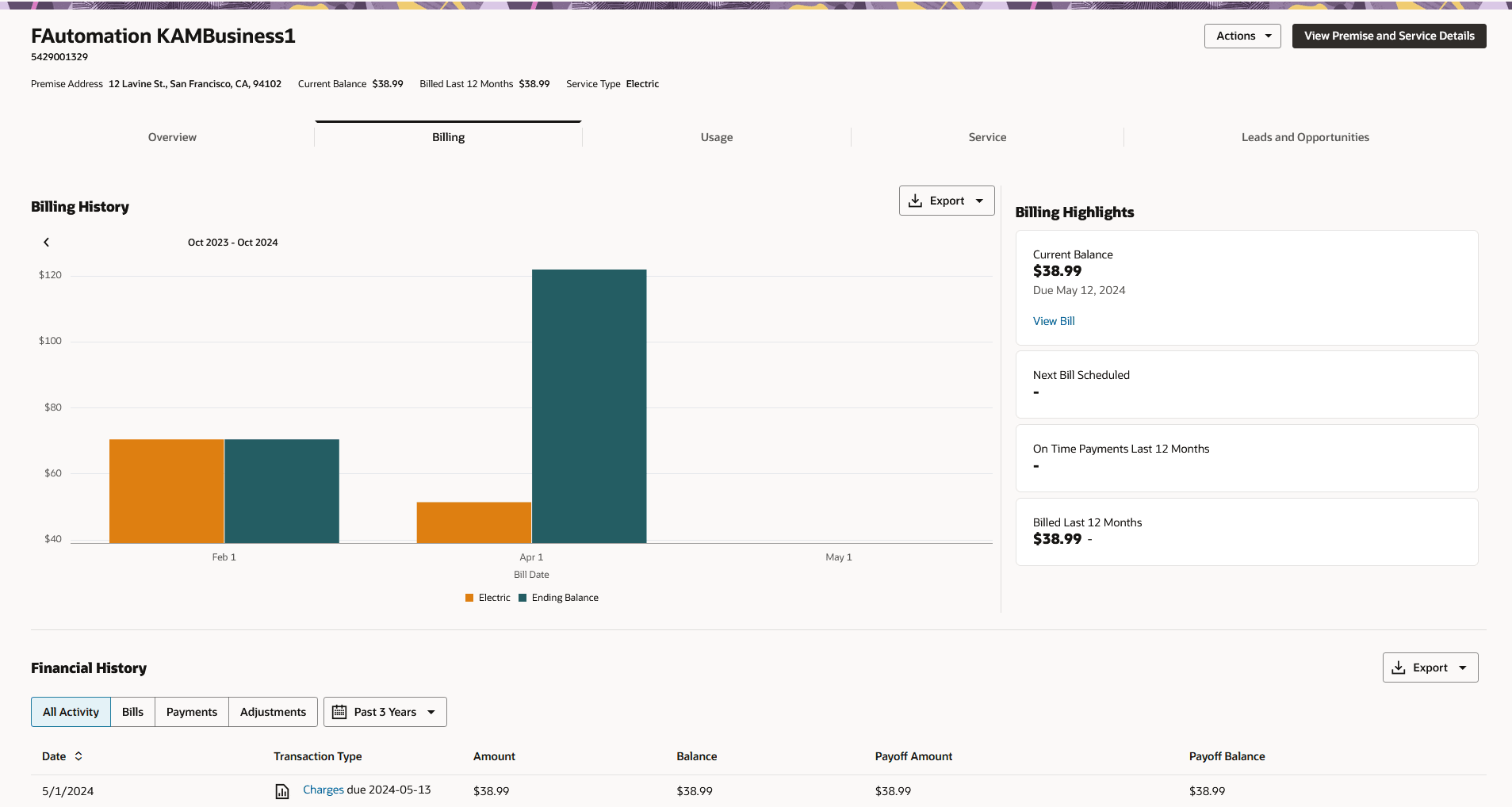 This image shows an example of the Billing tab after you select a single billing account.