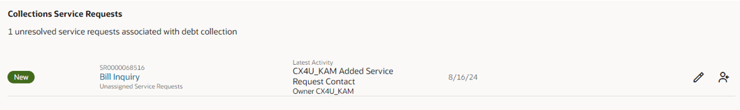 This image shows an example of the Collections Service Requests section of the Debt Summary Drawer.