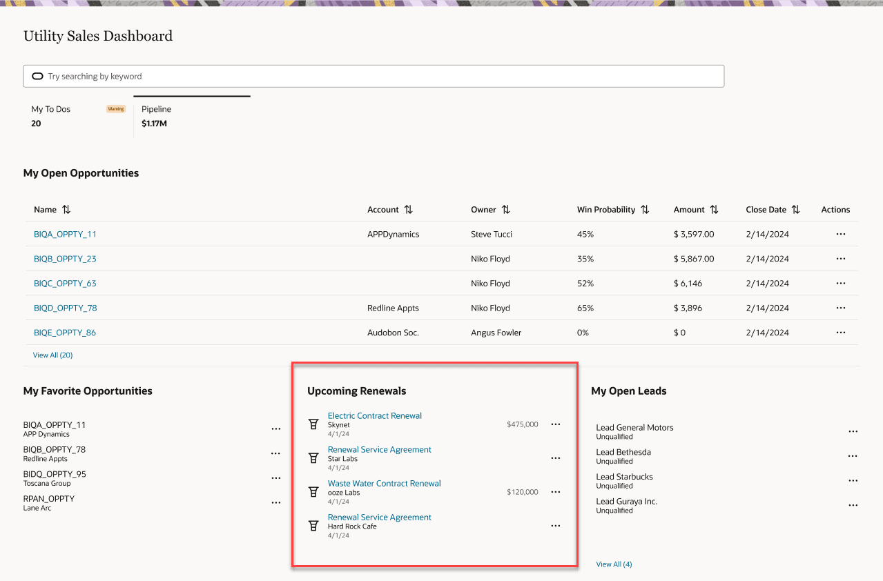 This image shows an example of the Upcoming Renewals panel.