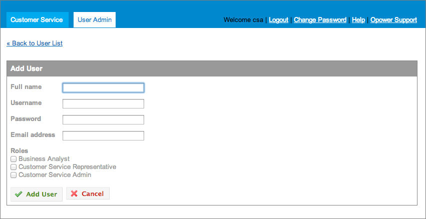 Add user page of the customer service interface user admin tab displaying user information fields