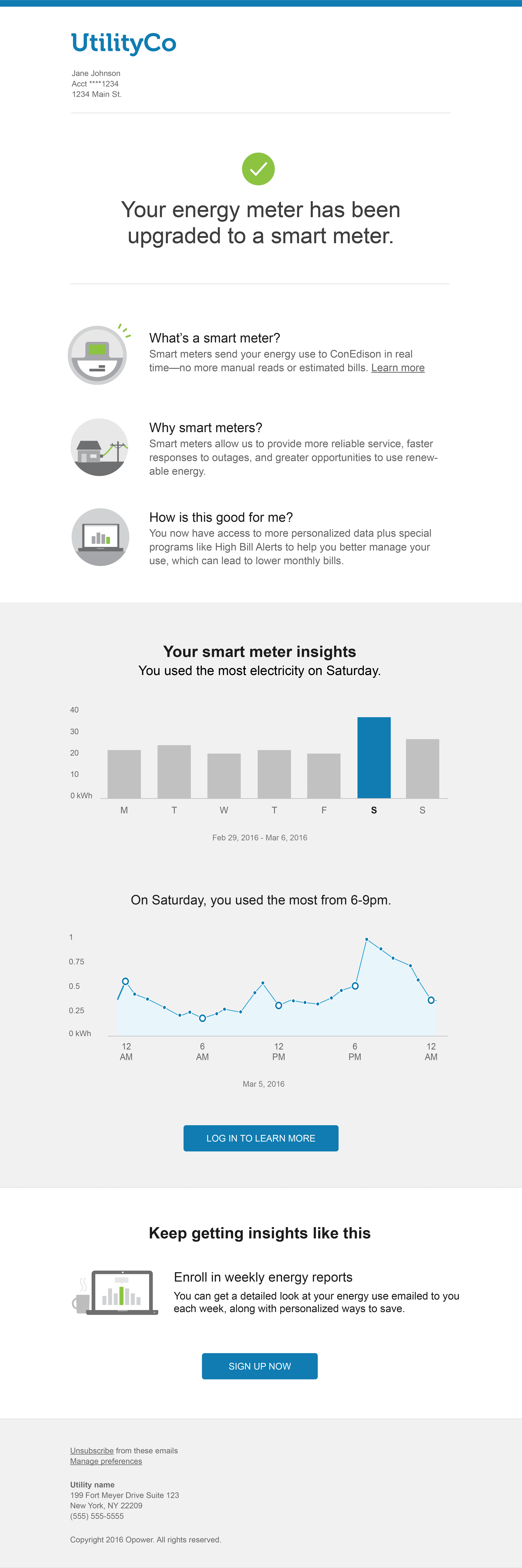 Example of a customer education report, which are desigined to inform customers about the benefits of their smart meter, provide AMI energy use insights, and encourage customers to engage with other AMI tools and programs offered by the utility.