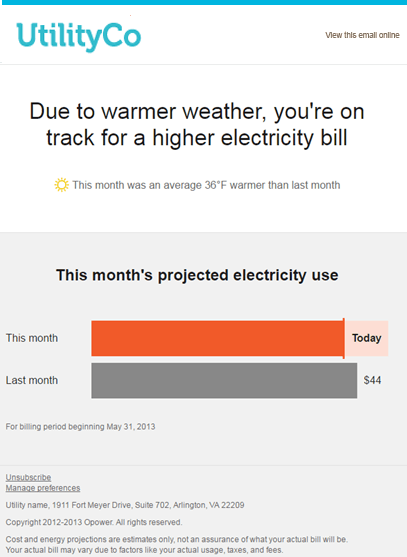 An example High Bill Alert that informs customers when they are expected to receive a higher energy bill.