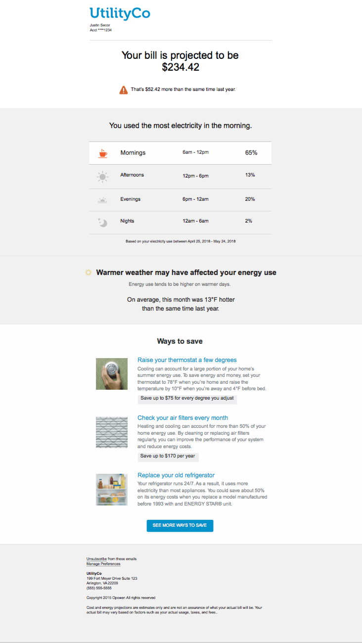 Example of a High Bill Alert, which are designed to help residential AMI customers save energy, water, and money when they are likely to use more than usual for a billing period.