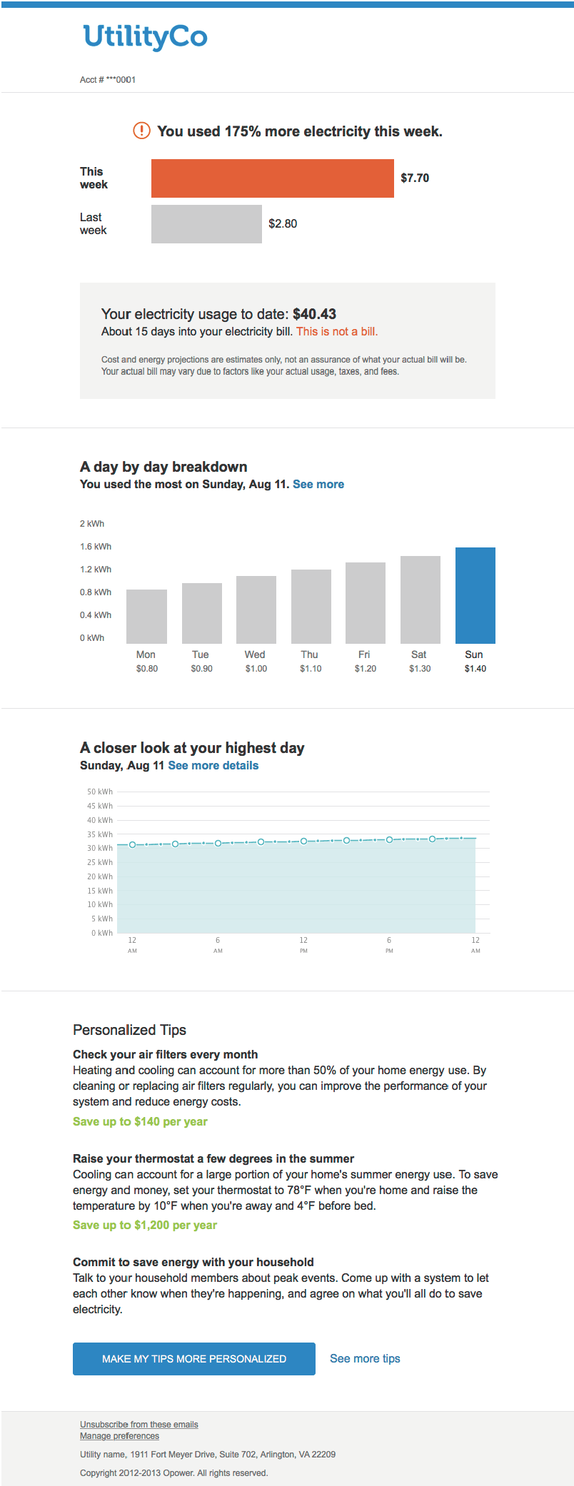 An example of a Weekly Energy Update, which informs customers of their energy usage patterns, trends, and projected energy costs.